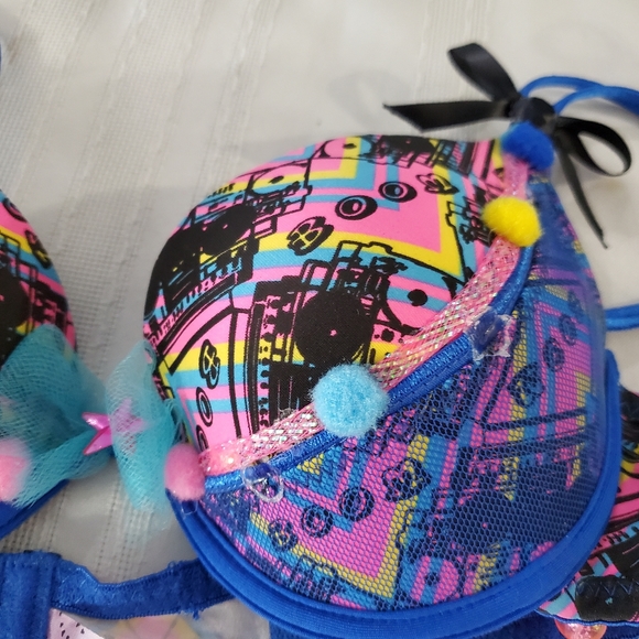 Native Intimates Rave Bra 36B /  Blue Pink Beads Boom radio Print Push Up bra - Picture 6 of 11